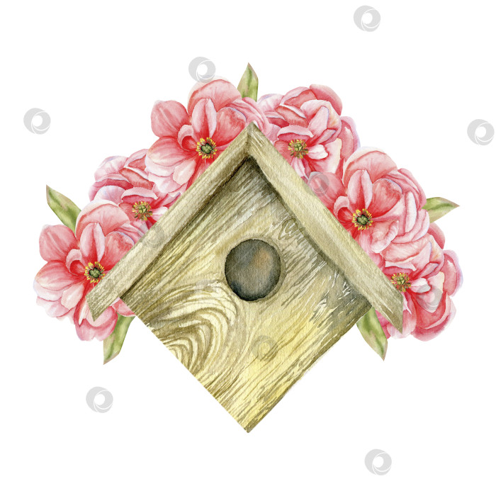 Скачать Акварельный деревянный домик для птиц с розовыми пионами. Нарисованная вручную композиция из весенних цветущих цветов в деревенском стиле для украшения Пасхи. поздравительная открытка, приглашение, тарелка, дизайн упаковки фотосток Ozero
