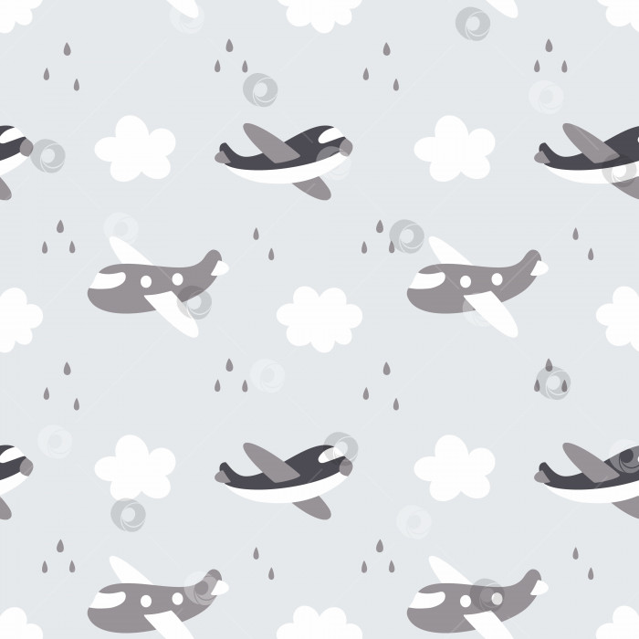 Скачать Бесшовный рисунок самолета в небе. Облако и дождь. Серый фон для пошива детской одежды. Обои для комнаты мальчика. Печать на ткани, текстиле и упаковочной бумаге. фотосток Ozero