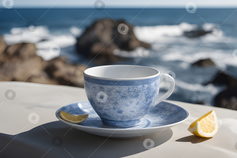 Скачать Красивая пустая чайная чашка и блюдце со светло-голубым рисунком на фоне скалистого морского берега. Концепция релаксации и здорового образа жизни. фотосток Ozero