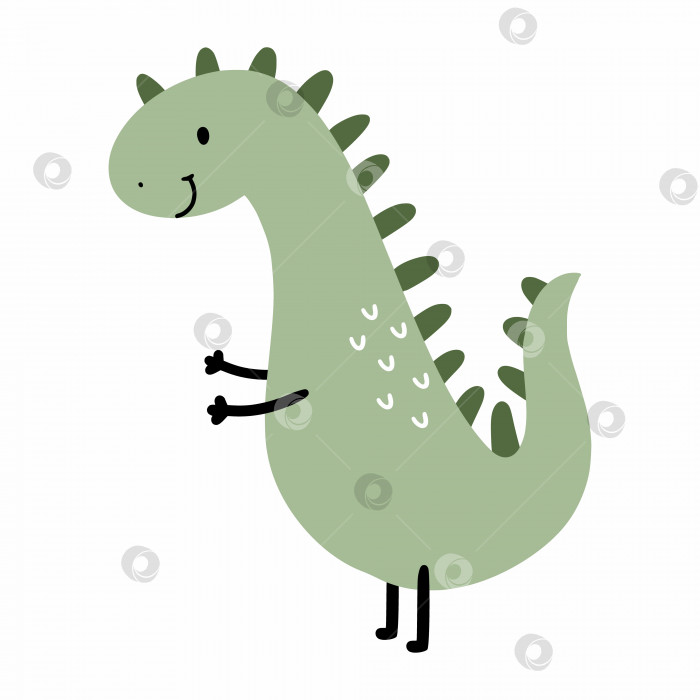 Скачать Симпатичный зеленый динозаврик для украшения открытки. Мультяшный персонаж для печати на детской одежде. Животные юрского периода. фотосток Ozero