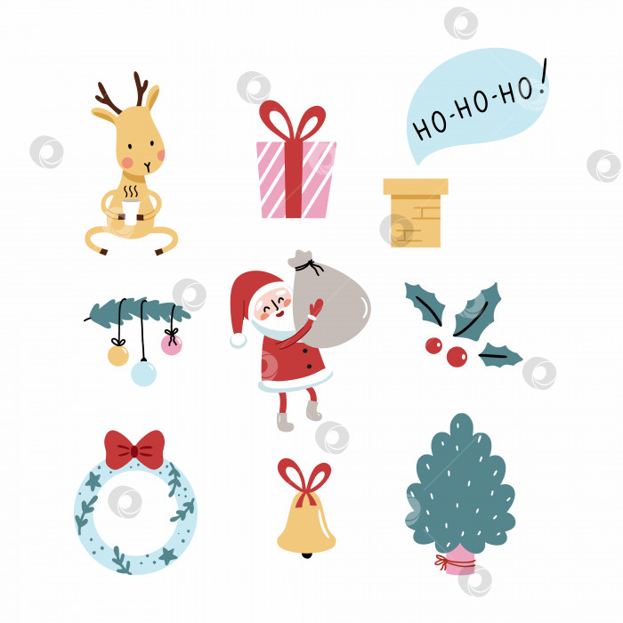 Скачать Наклейки с Дедом Морозом и забавными оленями на новый год. Делаю зимнюю открытку. Рождественский венок и елка. Праздничный бал на ветке. Векторная иллюстрация для печати на текстиле и сувенирах. фотосток Ozero