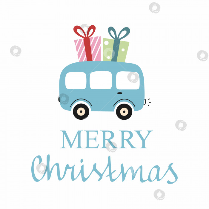 Скачать Поздравительная открытка с Рождеством. Синий автобус везет подарки к новому году. Красивые надписи, сделанные от руки. фотосток Ozero