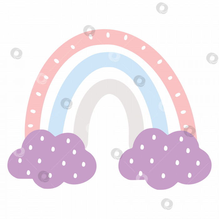 Скачать Симпатичная розовая радуга с облаками в стиле каракулей. Элемент детского плаката для комнаты девочки. Принт для футболки. фотосток Ozero