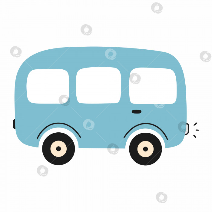 Скачать Синий автомобиль в стиле каракулей на белом фоне. Значок школьного автобуса. Иллюстрация автомобиля для детской книги или принт на одежде. фотосток Ozero