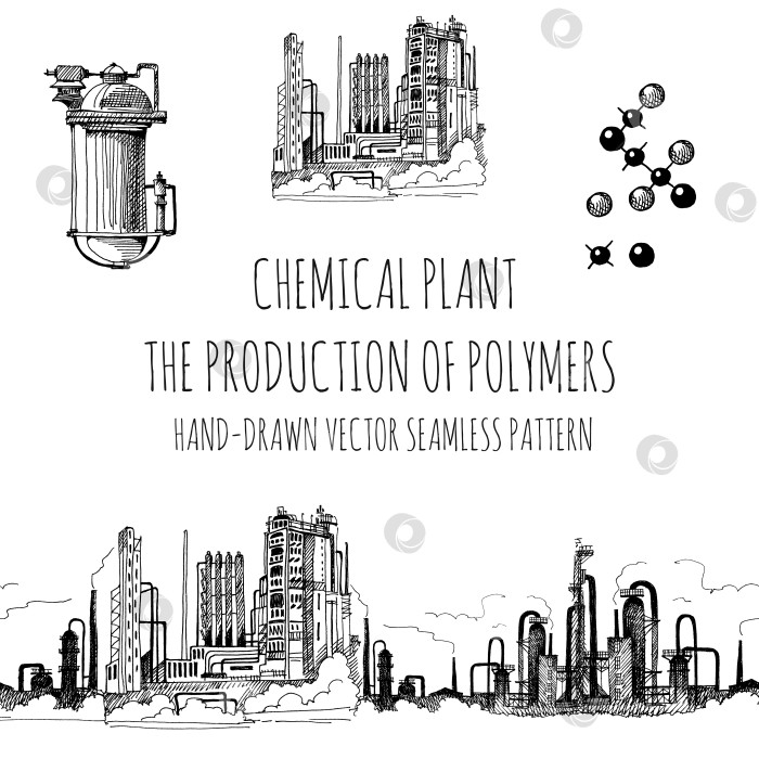 Скачать Химический завод, производство полимеров, векторный эскиз, нарисованный от руки фотосток Ozero