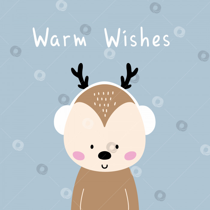 Скачать Зимняя поздравительная открытка с милым оленем в наушниках. Надпись с теплыми пожеланиями. Новый год и Рождество. фотосток Ozero