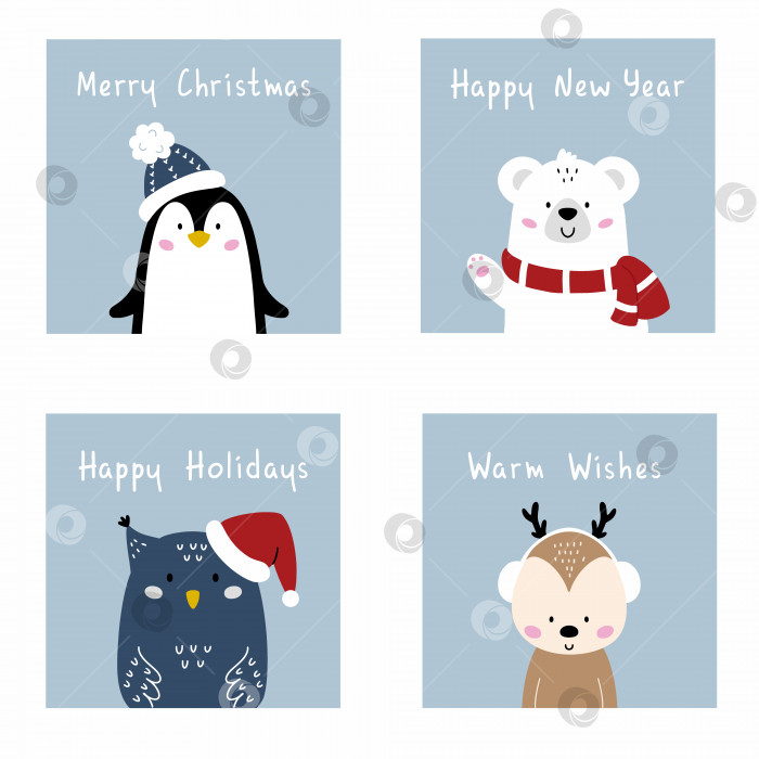Скачать Набор открыток на Новый год и Рождество. Плакат с милыми животными. Пингвин, белый медведь и сова. Северный олень. фотосток Ozero