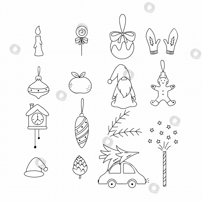 Скачать Новогодний набор предметов. Иллюстрация в стиле каракулей. Рождественский бал, пряничный человечек и гном. фотосток Ozero