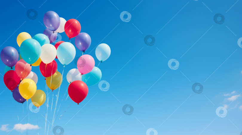 Скачать Связка разноцветных воздушных шаров летает в голубом небе фотосток Ozero