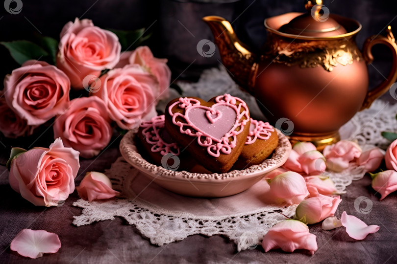 Скачать Чай в жестяном чайнике с пряниками в форме сердца и букетом роз на День Святого Валентина. Темный ключ. Поздравления фотосток Ozero