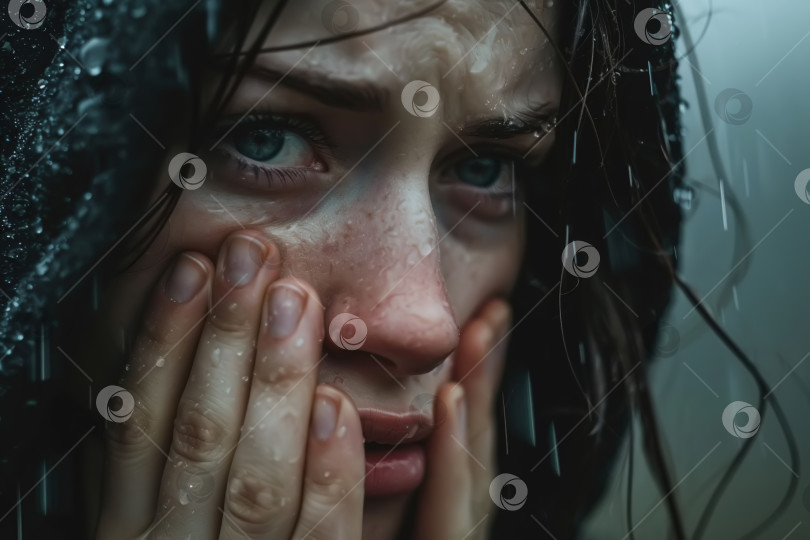 Скачать Приступ паники, страх и беспокойство, несчастная женщина, прижимающая руки к лицу в дождливый день на открытом воздухе фотосток Ozero