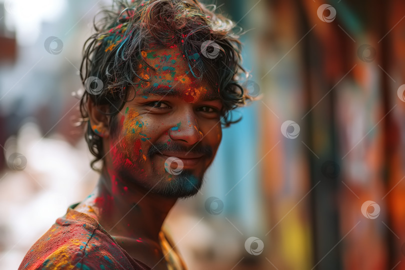 Скачать Портрет улыбающегося красивого индийского парня с краской Холи на лице, смотрящего в камеру на открытом воздухе фотосток Ozero