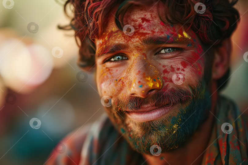 Скачать Портрет счастливого красивого мужчины с краской на лице, смотрящего в камеру, традиционный праздник Холи, улыбающийся индийский парень на открытом воздухе фотосток Ozero