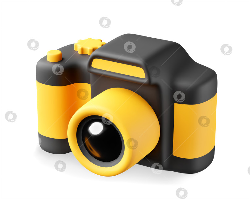 Скачать Цифровая фотокамера с милым 3D-рисунком в черно-желтом цвете, выделенная на белом фоне. Элемент дизайна для фото- или видеоблога, концепции SMM или продвижения. Векторная иллюстрация 3D-рендера. фотосток Ozero
