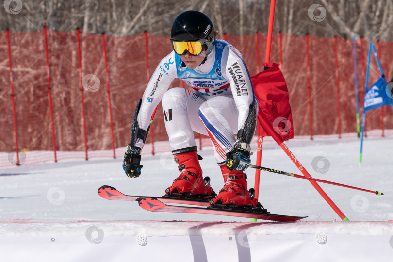 Скачать Горнолыжник спускается по горному склону. Чемпионат России по горнолыжному спорту, параллельный слалом фотосток Ozero