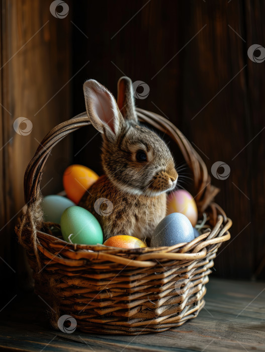 Скачать Милый пасхальный кролик в корзине с яйцами на темном фоне. Поколение искусственного интеллекта фотосток Ozero