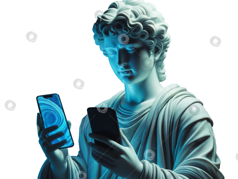 Скачать Античная мраморная статуя, выбирающая телефон, рекламная концепция. Прозрачный фон PNG фотосток Ozero
