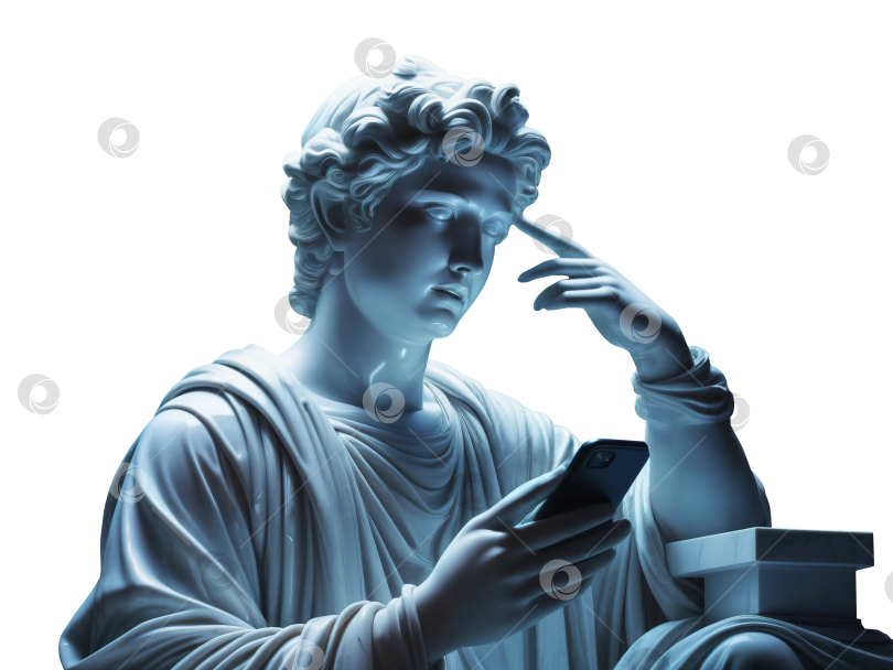Скачать Античная мраморная статуя, размышляющая, глядя на телефон. Прозрачный фон PNG фотосток Ozero