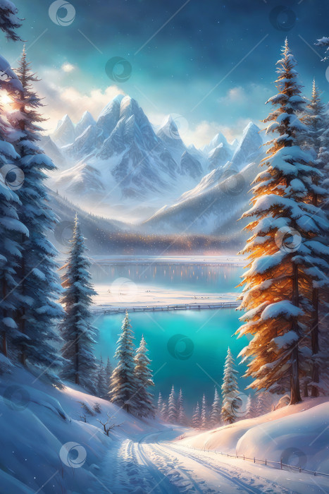 Скачать Зимний пейзаж с горами и рекой, волшебная долина, иллюстрация, сгенерированная искусственным интеллектом фотосток Ozero