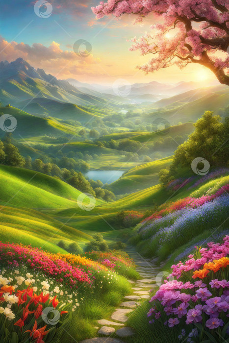 Скачать Яркий весенний пейзаж, волшебная долина, иллюстрация, сгенерированная искусственным интеллектом фотосток Ozero