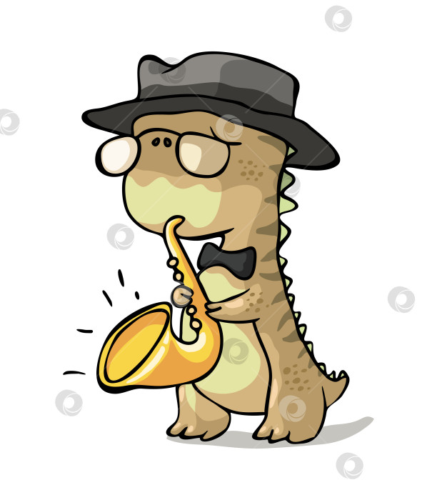 Скачать Забавный динозавр в мягкой шляпе играющий на саксофоне фотосток Ozero
