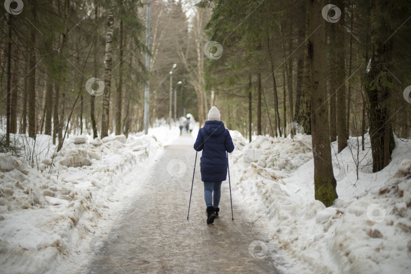 Скачать Женщина с двумя лыжными палками в парке. Полезные прогулки зимой. фотосток Ozero