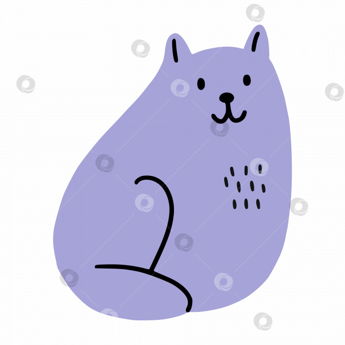 Скачать Симпатичный фиолетовый кот в стиле каракули. Векторная иллюстрация на белом фоне. Домашнее животное. фотосток Ozero