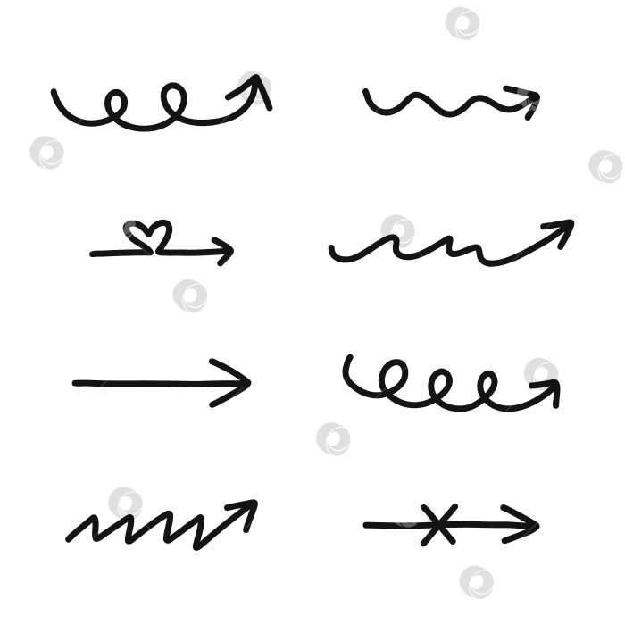 Скачать Симпатичные стрелки, нарисованные от руки в стиле каракулей. Забавная коллекция стрелок от руки, изогнутых линий, завитков. Значки бизнес-стрелок для веб-сайтов, баннеров, дизайна, выделенные на белом фоне фотосток Ozero