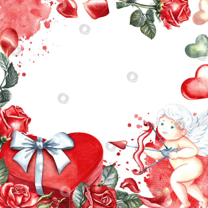 Скачать Подарочная коробка в форме красного сердца с белым бантом и купидоном, украшенным розами. Акварельная иллюстрация, нарисованная от руки. На День святого Валентина, свадьбу. Для упаковки, листовок, плакатов и баннеров, открыток. фотосток Ozero