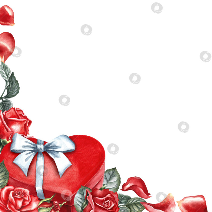 Скачать Рамка с красной подарочной коробкой в форме сердца с белым бантом, украшенным розами. Рисованная акварельная иллюстрация. На день святого Валентина, свадьбу, день рождения. Для упаковки, флаера, плаката и открытки. фотосток Ozero