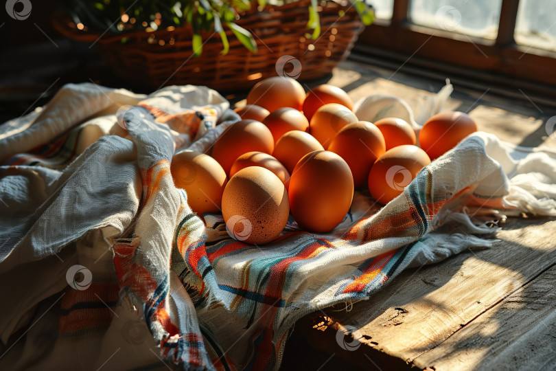 Скачать Свежие куриные яйца оставляют на подоконнике на льняном полотенце. Стиль кантри. Создан искусственный интеллект. фотосток Ozero