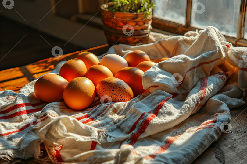 Скачать Свежие куриные яйца оставляют на подоконнике на льняном полотенце. Стиль кантри. Создан искусственный интеллект. фотосток Ozero