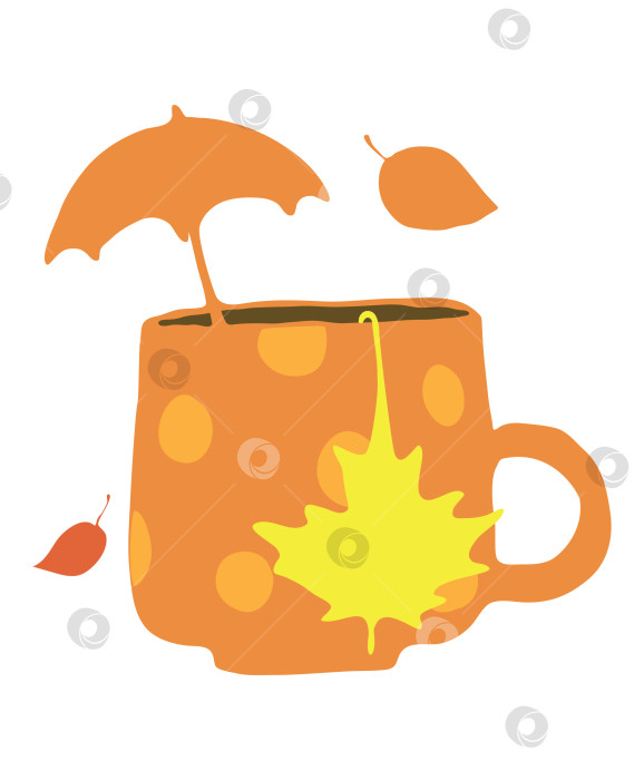 Скачать Чашка осеннего чая с зонтиком и падающими листьями фотосток Ozero