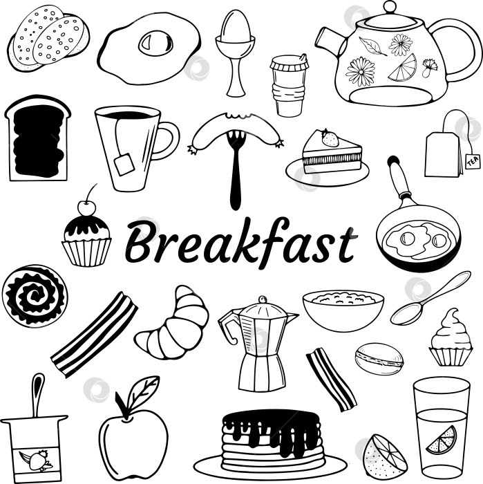 Скачать Векторные иконки каракулей на тему "Завтрак" для меню кафе фотосток Ozero