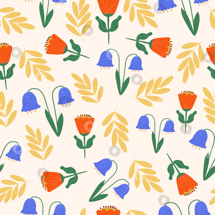 Скачать Бесшовный цветочный узор с оранжевыми и синими креативными цветами. фотосток Ozero