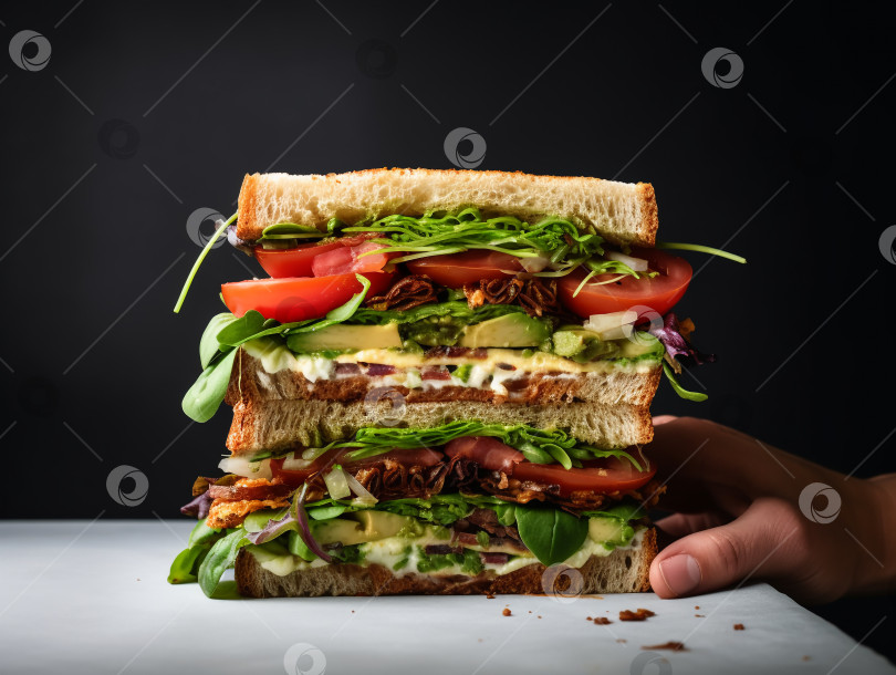 Скачать вегетарианский сэндвич с огурцом, зеленью, соусом, помидорами, луком на столе, на черном фоне. фотосток Ozero