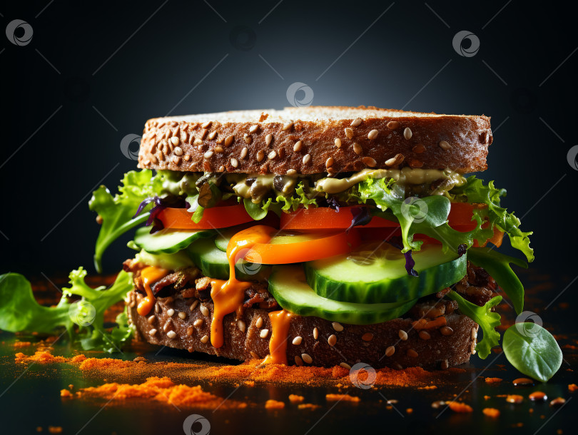 Скачать Вегетарианский сэндвич с огурцом, зеленью, соусом, помидорами, луком на деревянном столе, на черном фоне. Полезный сэндвич королевского размера фотосток Ozero