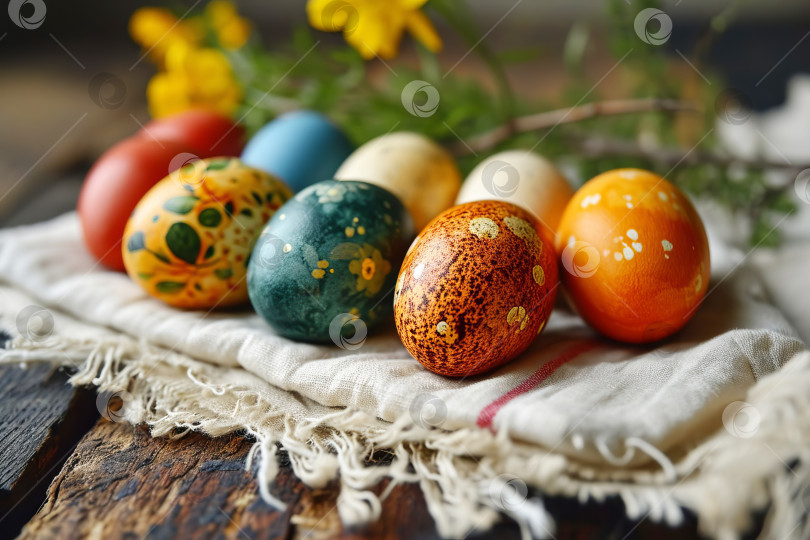 Скачать Пасхальные яйца, выложенные на белое льняное полотенце. Искусственный интеллект сгенерировал фотосток Ozero