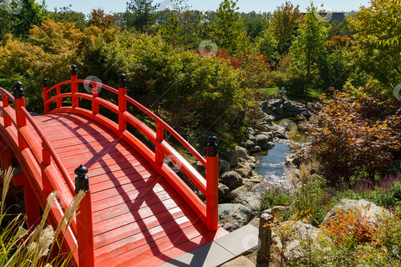 Скачать Фрагмент красного моста в японском саду общественного ландшафтного парка Краснодара или парка Галицкого, Россия фотосток Ozero