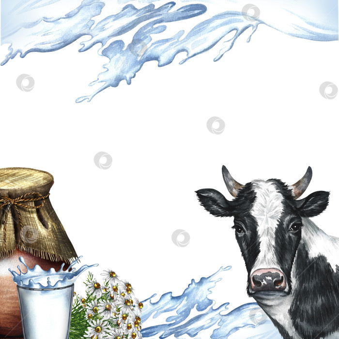 Скачать Рамка с коровой и молочными продуктами и брызгами молока. Рисованная акварельная иллюстрация. Для баннера с рекламой молока, упаковки этикеток молочных продуктов. Для плакатов, принтов, визитных карточек. фотосток Ozero
