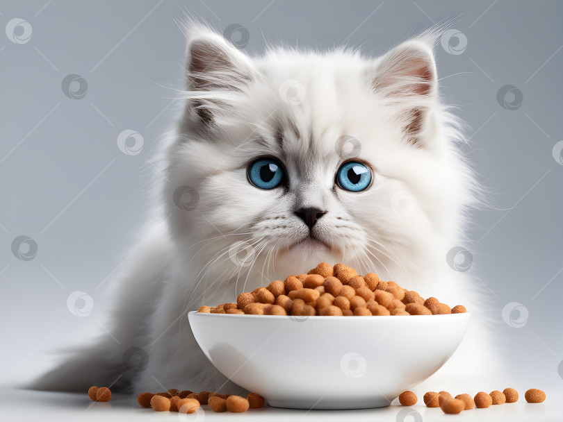 Скачать милый белый пушистый котенок с голубыми глазами с миской кошачьего корма фотосток Ozero