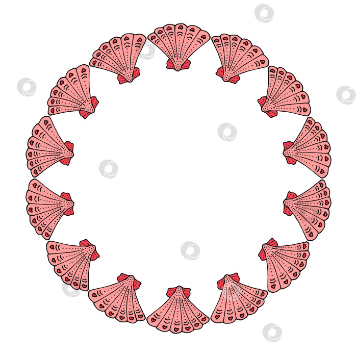 Скачать Круглая рамка с розовыми ракушками на белом фоне. Векторное изображение. фотосток Ozero