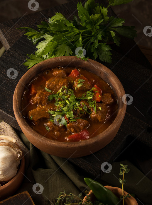 Скачать Крупный план тушеного мяса с зеленью на заднем плане фотосток Ozero