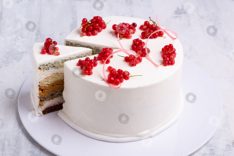 Скачать Снимок белого торта, оформленного red berry, на белой тарелке, вид сверху фотосток Ozero