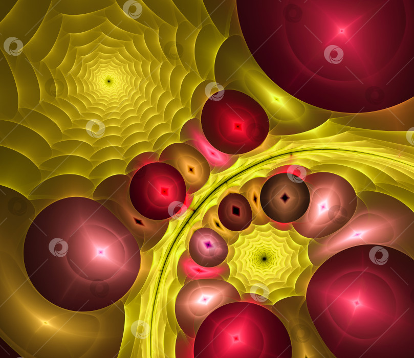 Скачать Абстрактный фрактальный фон с красными шарами и желтыми спиралями. 3D рендеринг. 3d иллюстрация фотосток Ozero