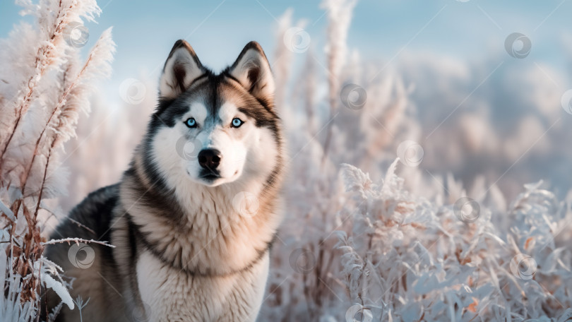 Скачать Собака породы сибирский хаски в зимнем лесу. фотосток Ozero
