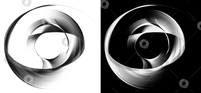 Скачать Монохромные изогнутые элементы в полоску накладываются слоями, располагаются по кругу и создают рамки на белом и черном фоне. Иконка, логотип, символ, вывеска. 3D-рендеринг. 3D-иллюстрация. фотосток Ozero