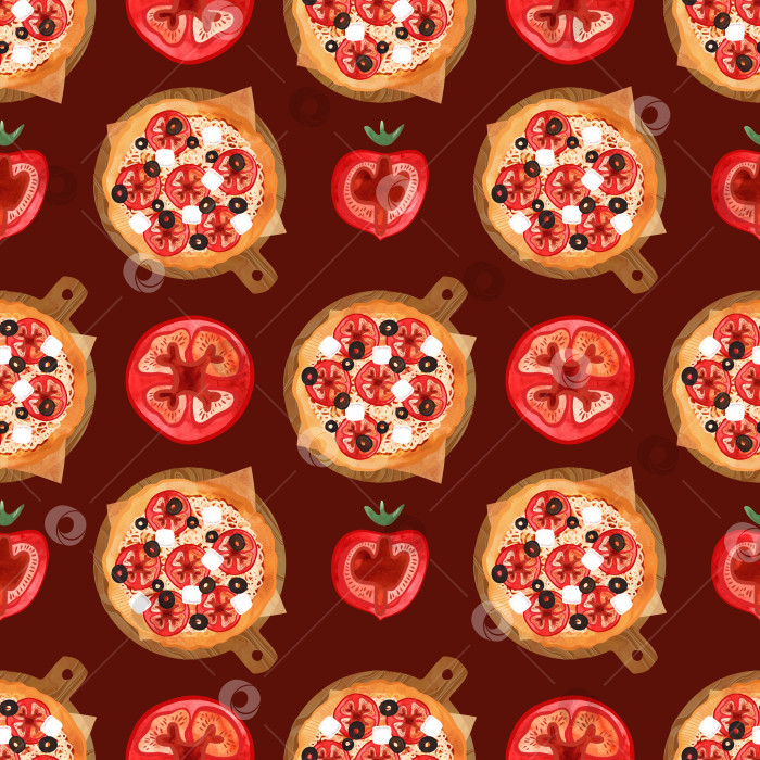 Скачать Бесшовный узор для пиццы с помидорами, оливками и сыром. Акварельные иллюстрации для меню, рецептов, кухонного текстиля, дизайна кафе, ресторанов и пиццерий, а также коробок для пиццы и упаковки. фотосток Ozero