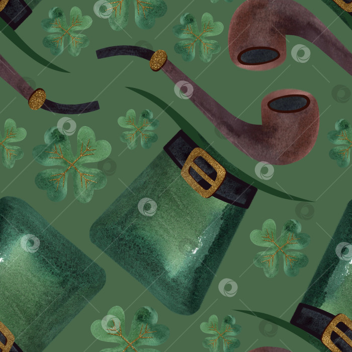 Скачать Бесшовный узор с символикой Ирландии. Оберточная бумага ко Дню Святого Патрика. Акварель в винтажном стиле на зеленом фоне. фотосток Ozero