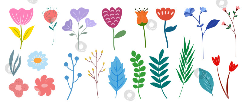 Скачать Набор ярких цветов и листьев. Цветочный набор для оформления открыток. фотосток Ozero